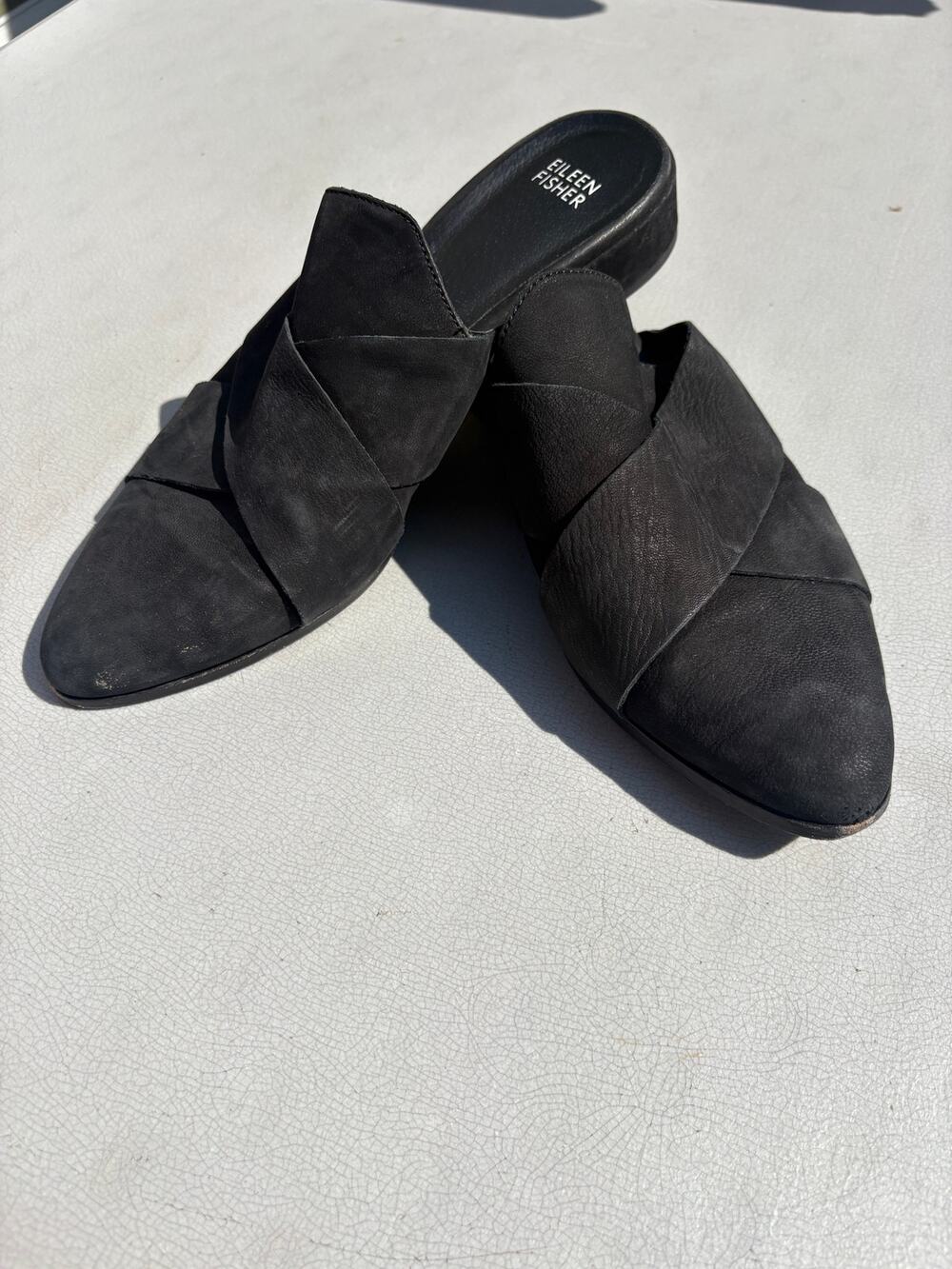 Eileen Fisher Black Suede Bauer Mules Classic Luxury Minimalist Size 9.5